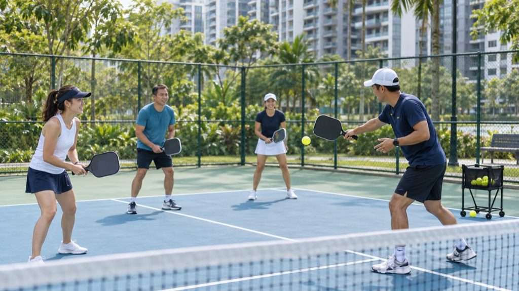 Beginner adults learning pickleball from a coach on a public court in Singapore