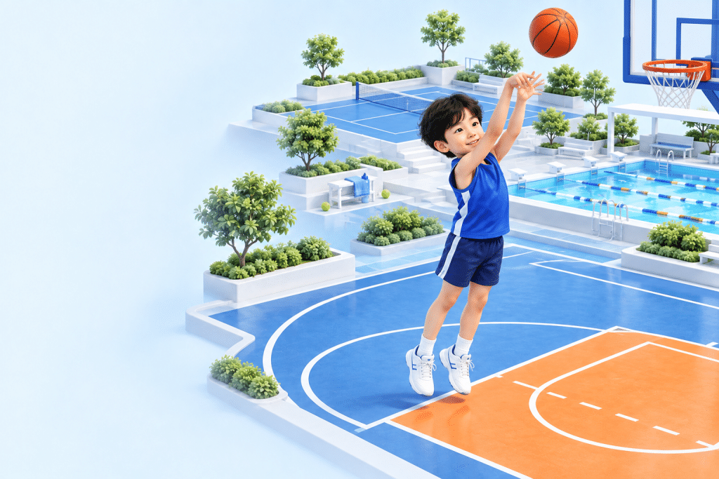 Children training with a basketball coach on a public court in Singapore
